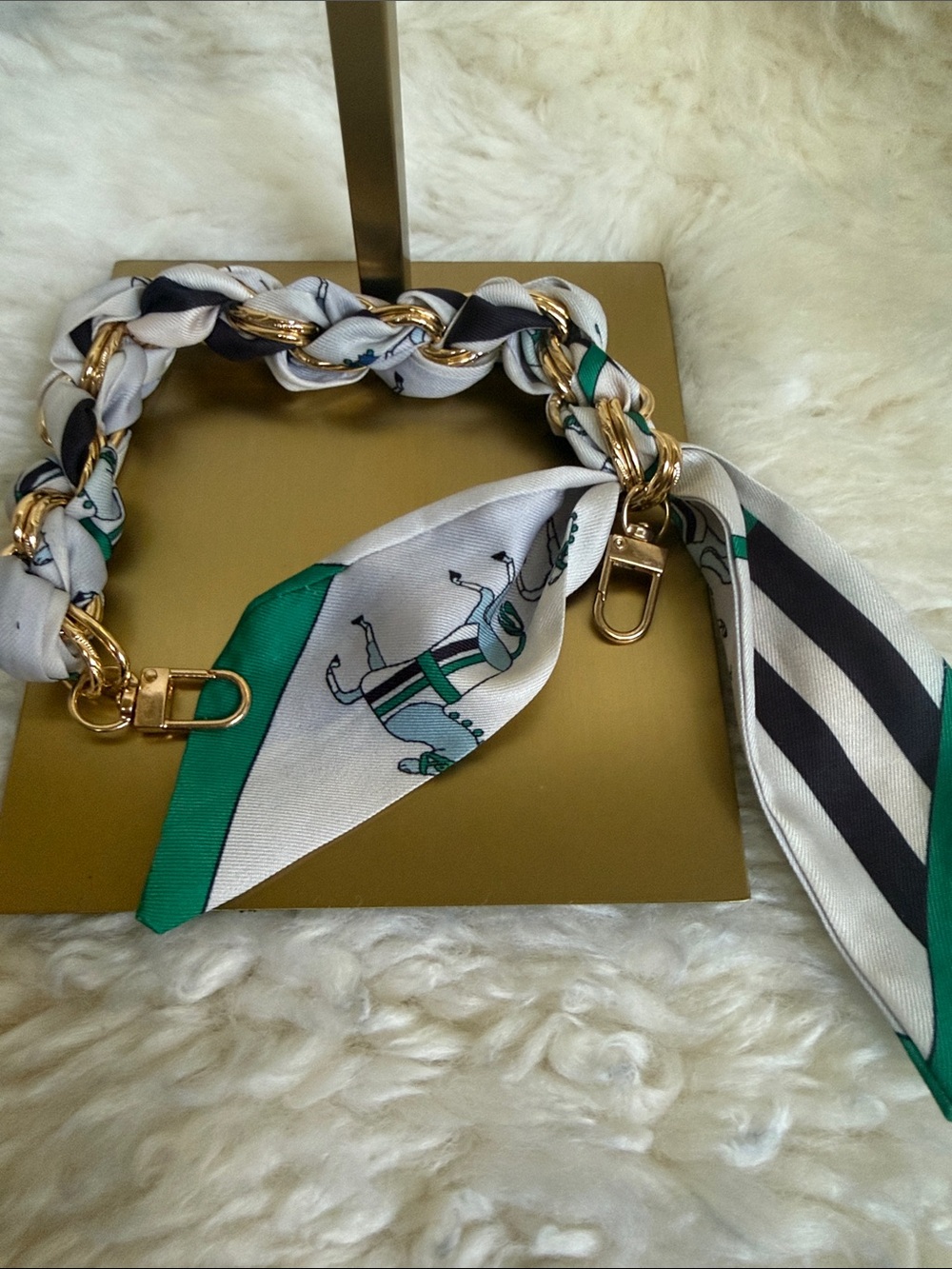 Gold Chain Scarf Bag Chain/Bag Charm with Green and White Silk Accent